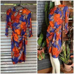 Vintage 80’s Floral Dolman Sleeve Wrap Waist Dress